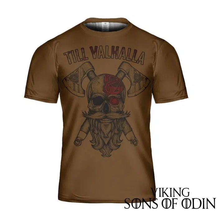 Viking Shirt Warrior Skull AXE Till Valhalla Brown