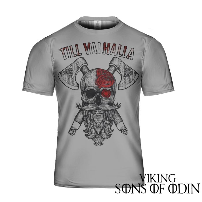 Viking Shirt Warrior Skull AXE Till Valhalla Gray