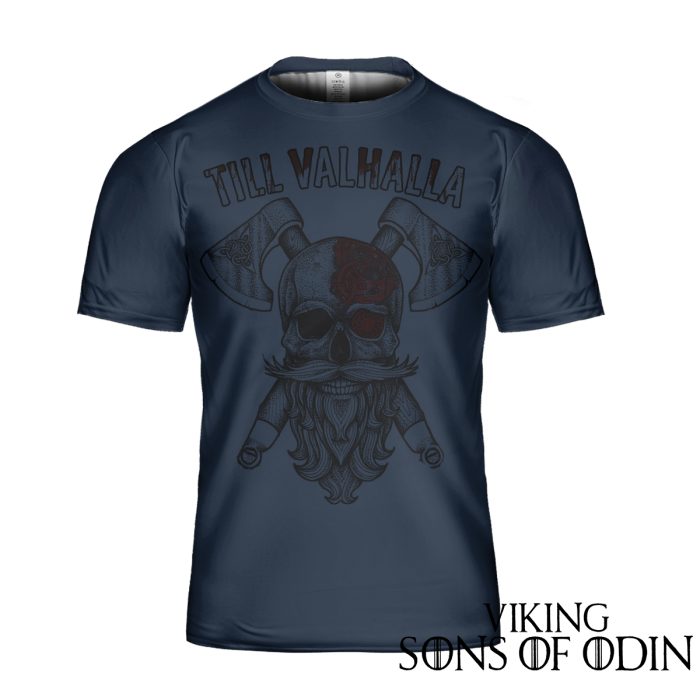 Viking Shirt Warrior Skull AXE Till Valhalla Navy