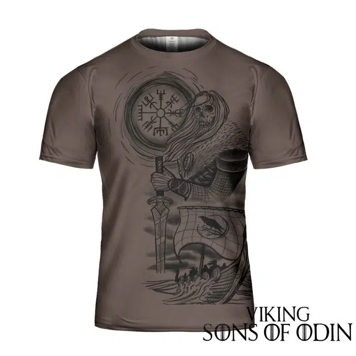 Viking Shirt Warrior Skull Vegvisir Ship Raven