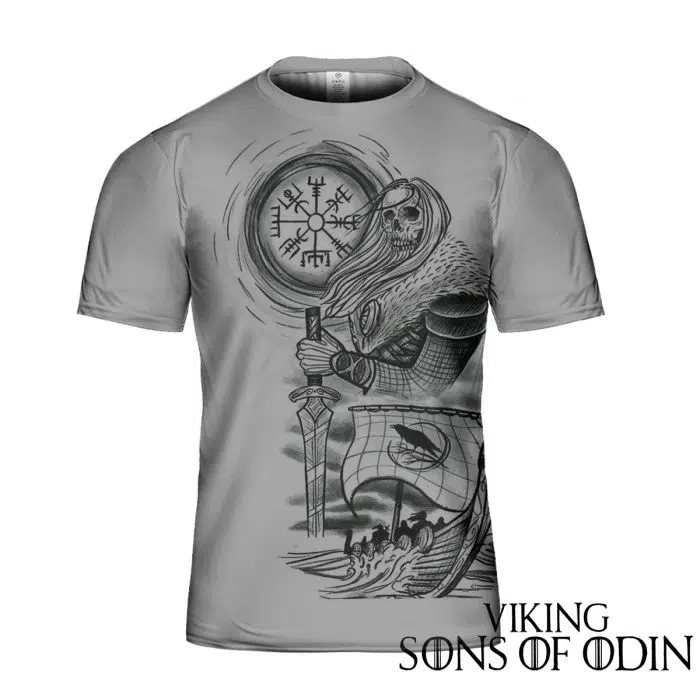 Viking Shirt Warrior Skull Vegvisir Ship Raven