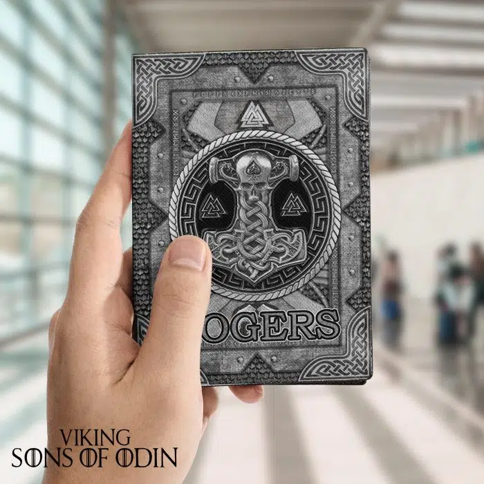 Viking Leather Passport Wallet Thor Hammer Mjolnir Valknut Rune Norse