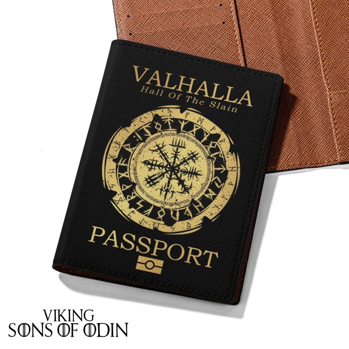 Viking Leather Passport Wallet Valhalla Hall Of The Slain Wolf Vegvisir