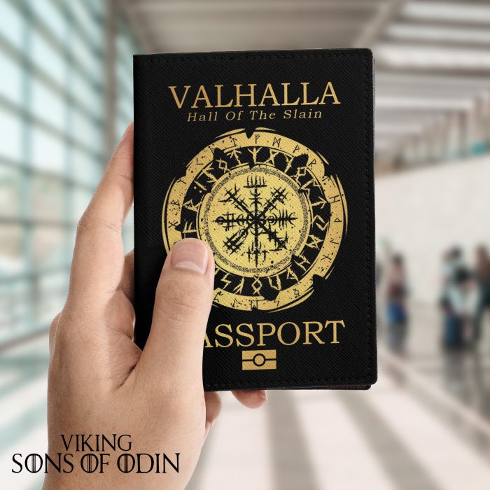 Viking Leather Passport Wallet Valhalla Hall Of The Slain Wolf Vegvisir