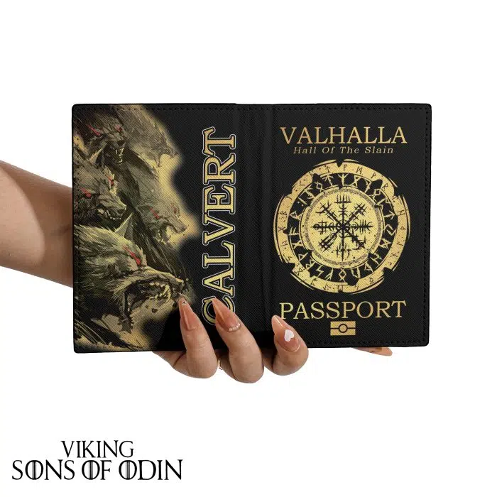 Viking Leather Passport Wallet Valhalla Hall Of The Slain Wolf Vegvisir