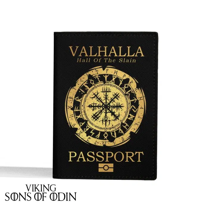 Viking Leather Passport Wallet Valhalla Hall Of The Slain Wolf Vegvisir