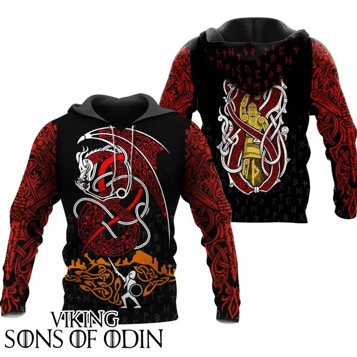 Viking Hoodie Dragon Thor Mjolnir