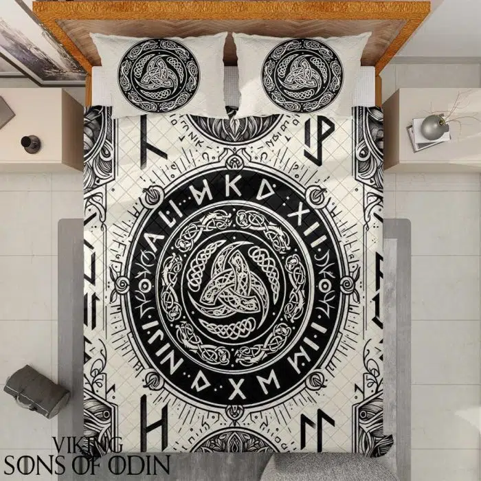 Viking Bedding Set Runes Vegvisir Triple Horn of Odin