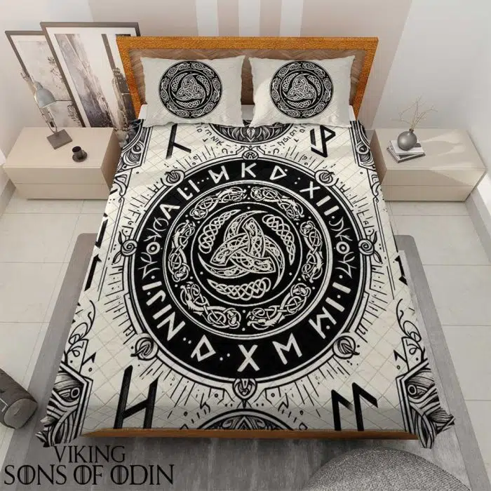 Viking Bedding Set Runes Vegvisir Triple Horn of Odin