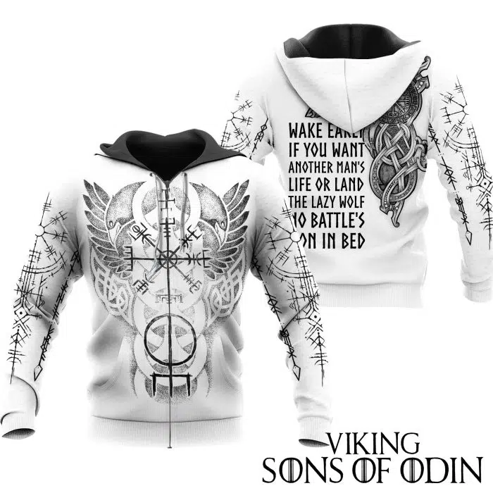 Viking Zip Hoodie Vegvisir Raven Fenrir Wake Early If You Want Another Man's Life or Land No Lamb For The Lazy Wolf No Battle's Won In Bed