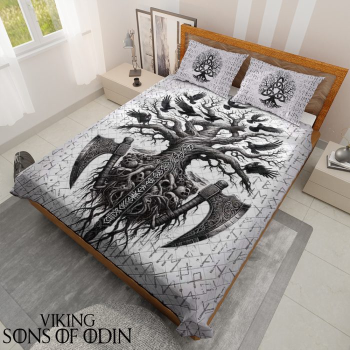 Viking Bedding Set Yggdrasil Raven Skull Axe