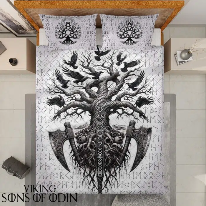 Viking Bedding Set Yggdrasil Raven Skull Axe