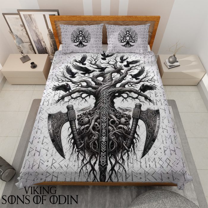 Viking Bedding Set Yggdrasil Raven Skull Axe